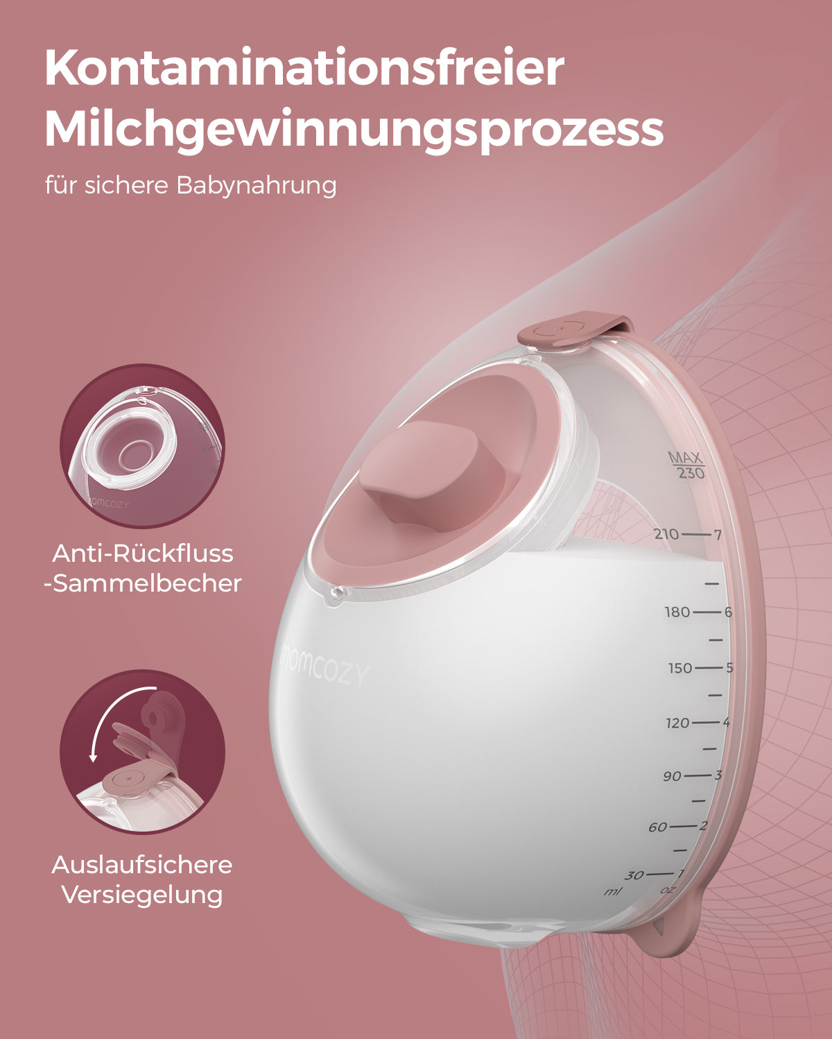 V1 Pro breast pump with anti-backflow collection cup and leak-proof seal.