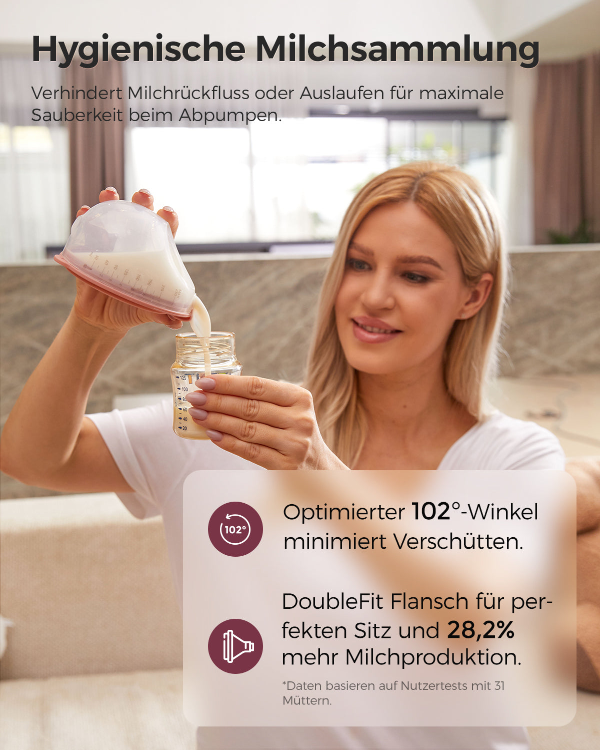 Woman using V1 Pro breast pump for hygienic milk collection with DoubleFit Flange.