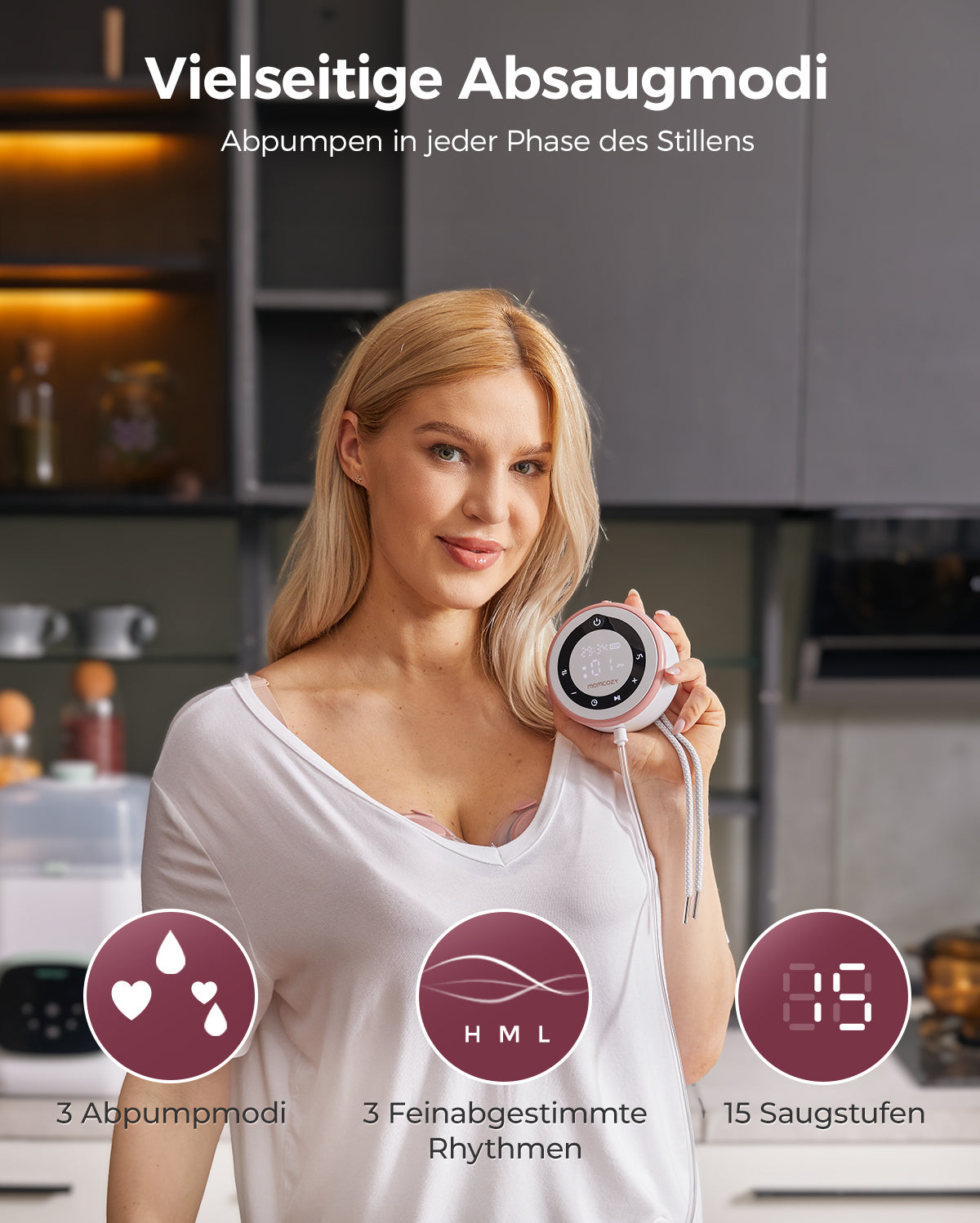 Woman holding V1 Pro breast pump, displaying 3 pumping modes and 15 suction levels.