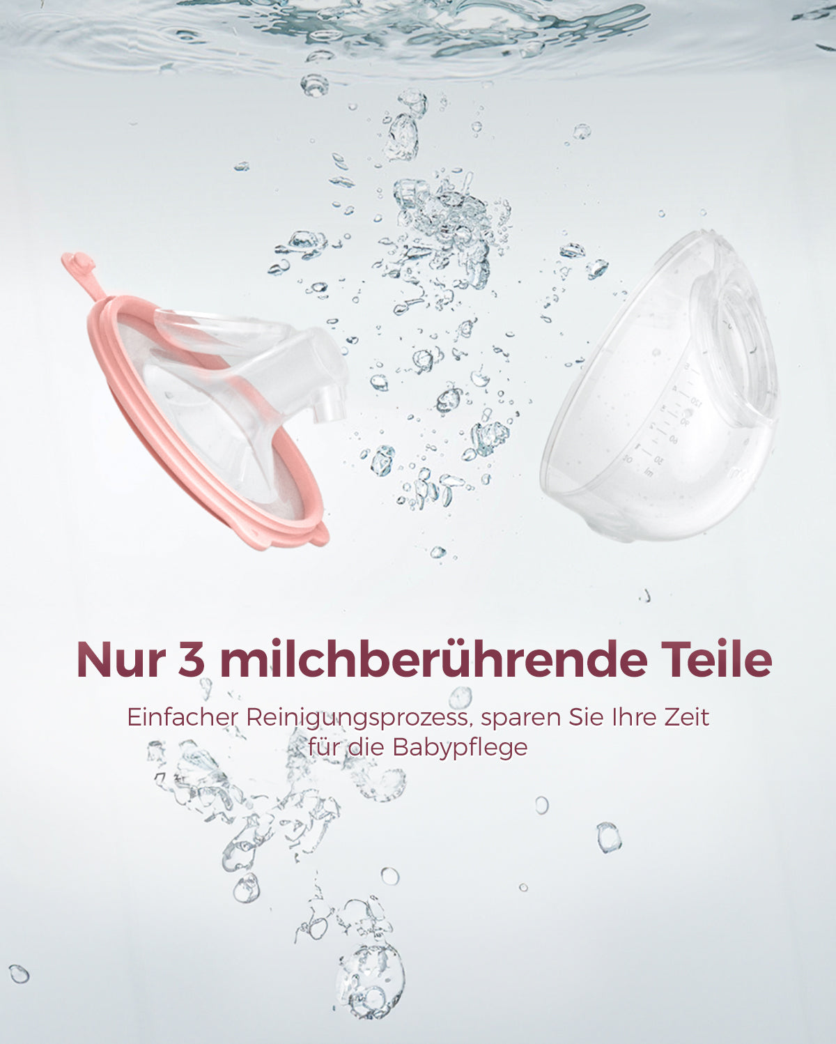 V1 Pro breast pump collection parts in water, highlighting easy cleaning features.
