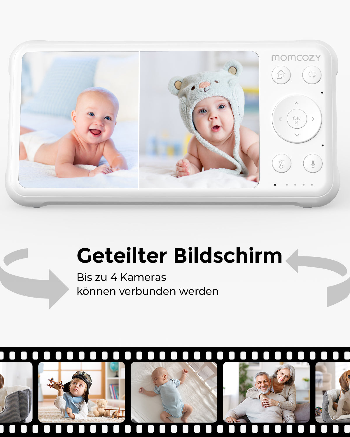 Momcozy 1080P High-Performance Video Baby Monitor BM01 displaying split-screen view with two babies, featuring text 'Split Screen' and 'Up to 4 cameras can be connected'.