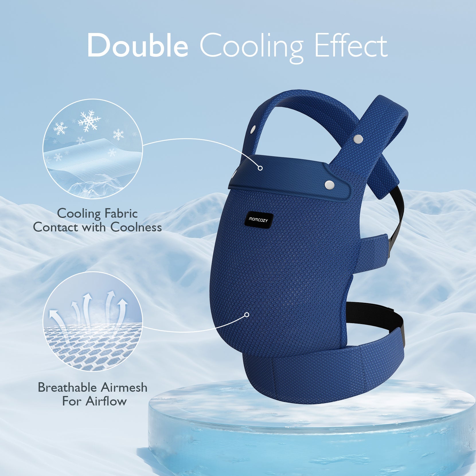 Mesh-Blue Momcozy ergonomic baby carrier with cooling fabric and breathable design for airflow.