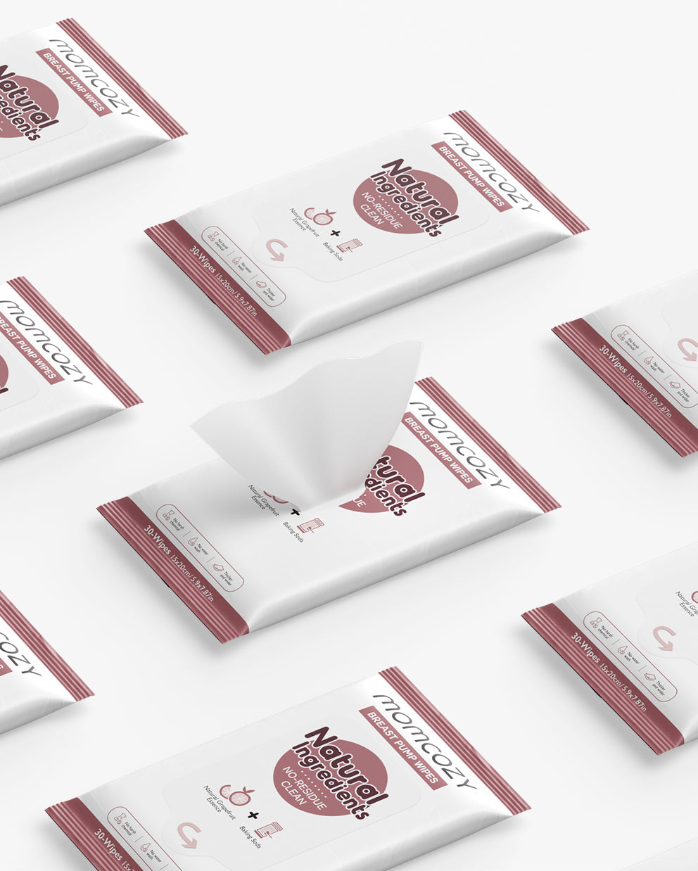 Momcozy Natural Breast Pump Wipes packaging highlighting no-residue clean, easy pull design.