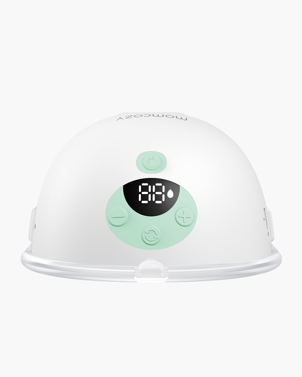 Top view of Momcozy M5 Wearable Breast Pump with control panel showing settings.