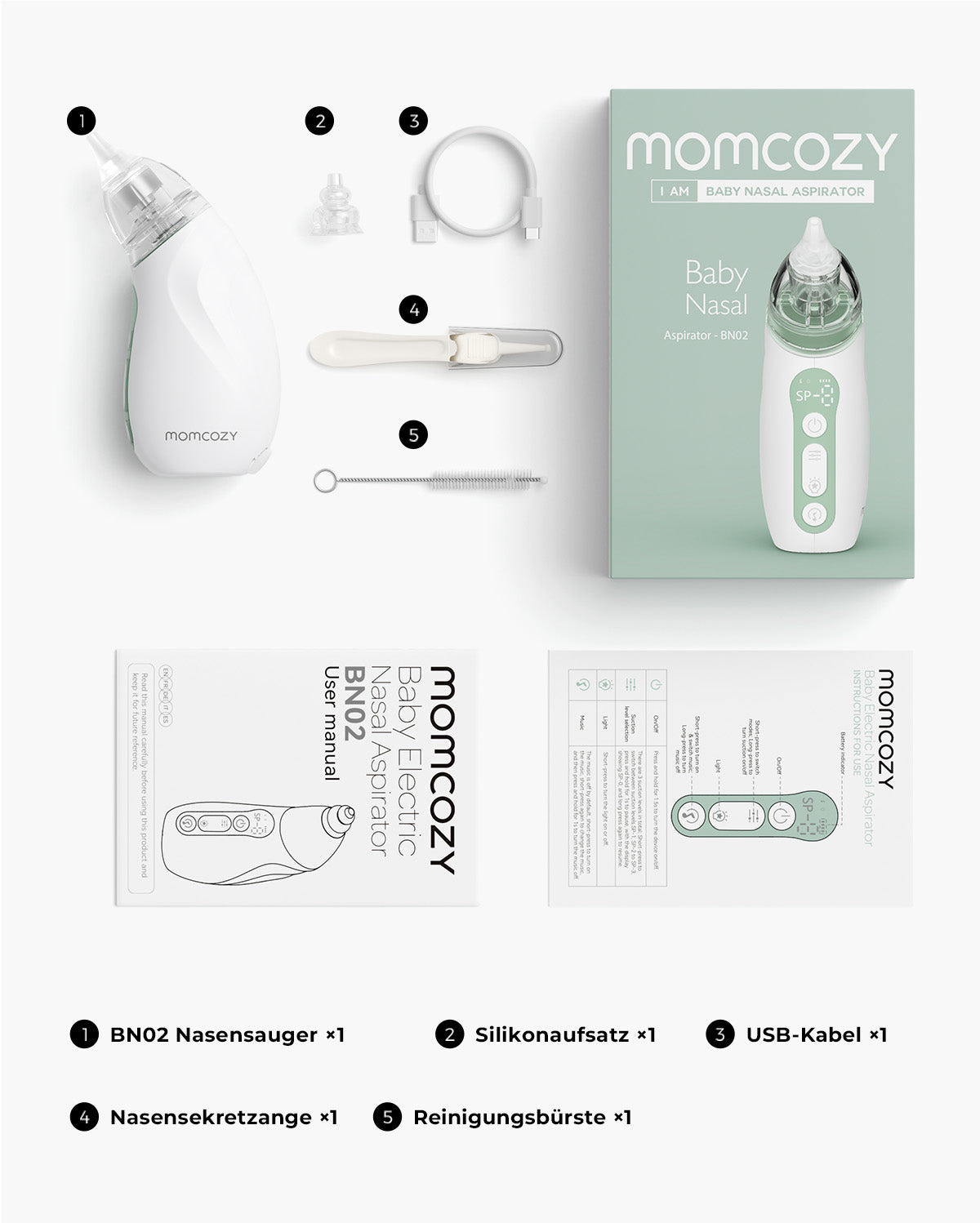 Momcozy Baby Nasal Aspirator kit including components and packaging.