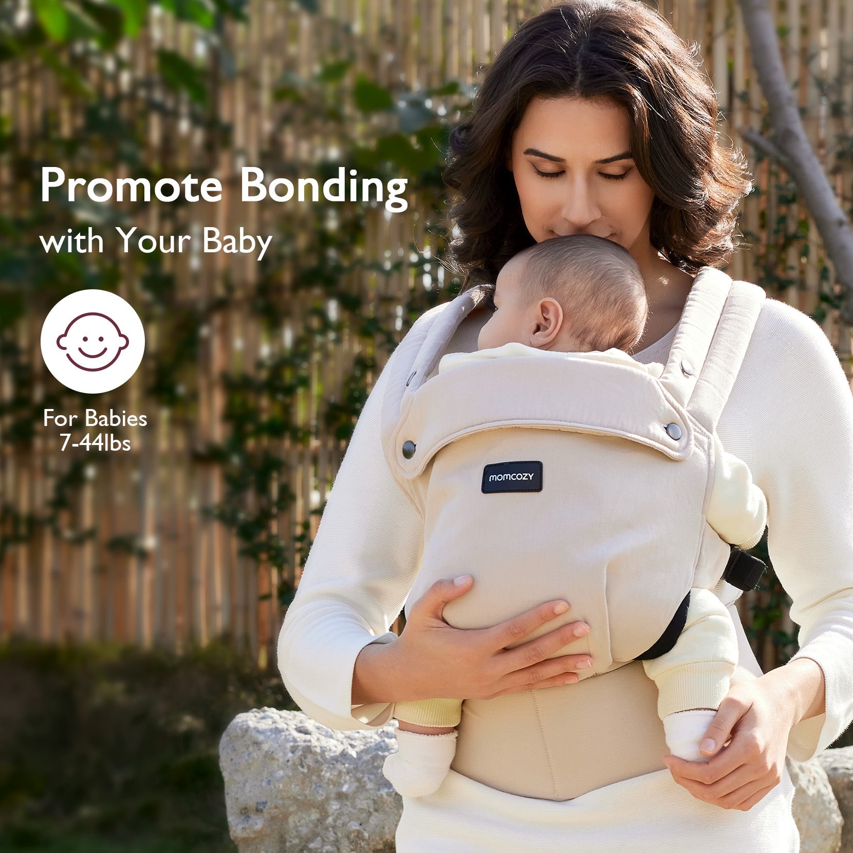 Momcozy khaki baby carrier promoting bonding with baby, suitable for infants 7-44 lbs.
