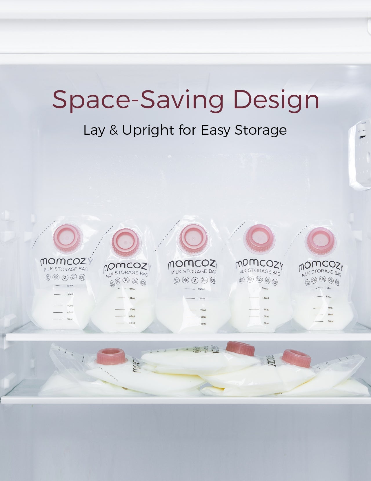 Momcozy screw-on breast milk storage bags arranged upright in fridge to maximize space and convenience.