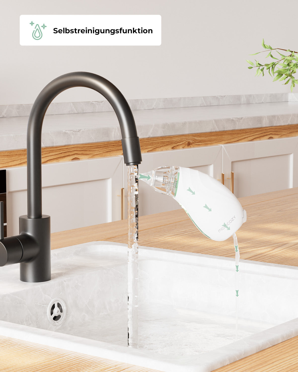 Momcozy Baby Nasal Aspirator showcasing self-cleaning function under kitchen faucet.