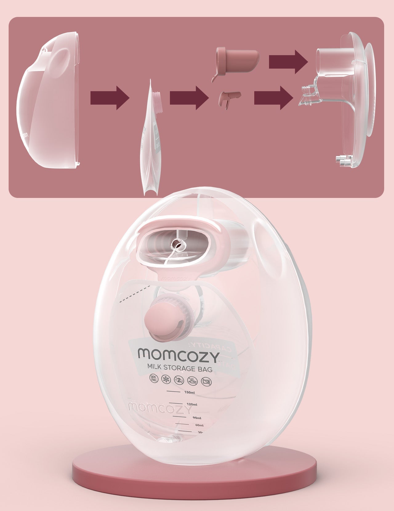 Momcozy screw-on milk storage bag demonstrating enhanced sealing and no-leak design components.