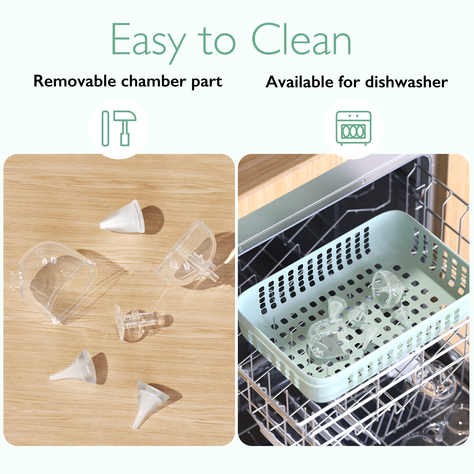 Easy to clean Momcozy Hospital Grade Nasal Aspirator
parts shown in a dishwasher basket.