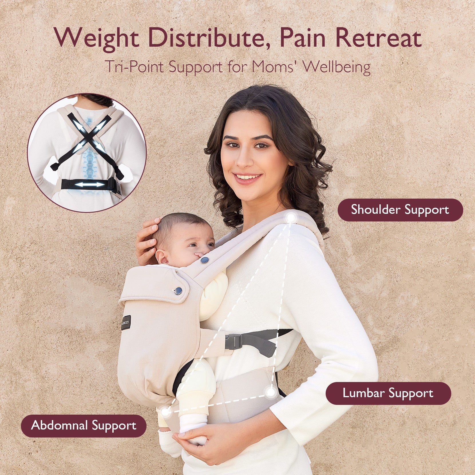 Momcozy khaki baby carrier highlighting tri-point support for moms' comfort and wellbeing.