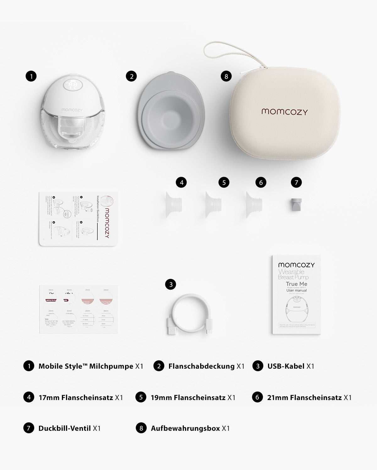 Momcozy M6 breast pump set including various pump components and storage case.