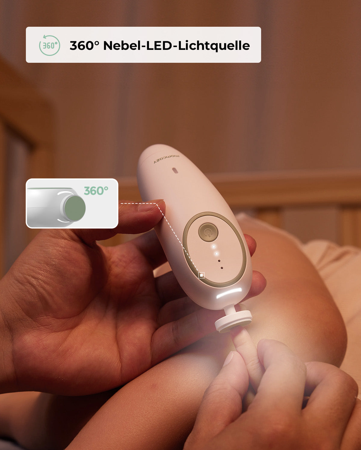 Momcozy Electric Baby Nail File with 360° LED light, gently filing a child's nail.