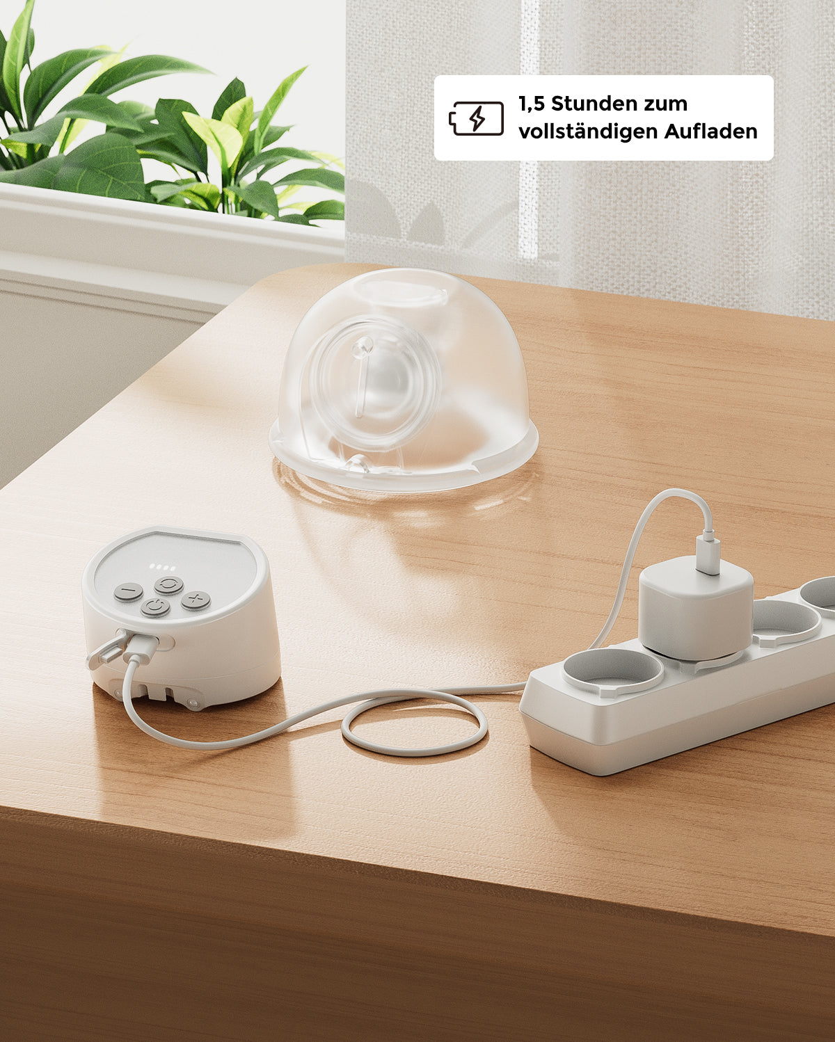 S12 Pro Wearable Breast Pump with charging dock and flange, featuring a long battery life that charges fully in 1.5 hours, ideal for busy moms.