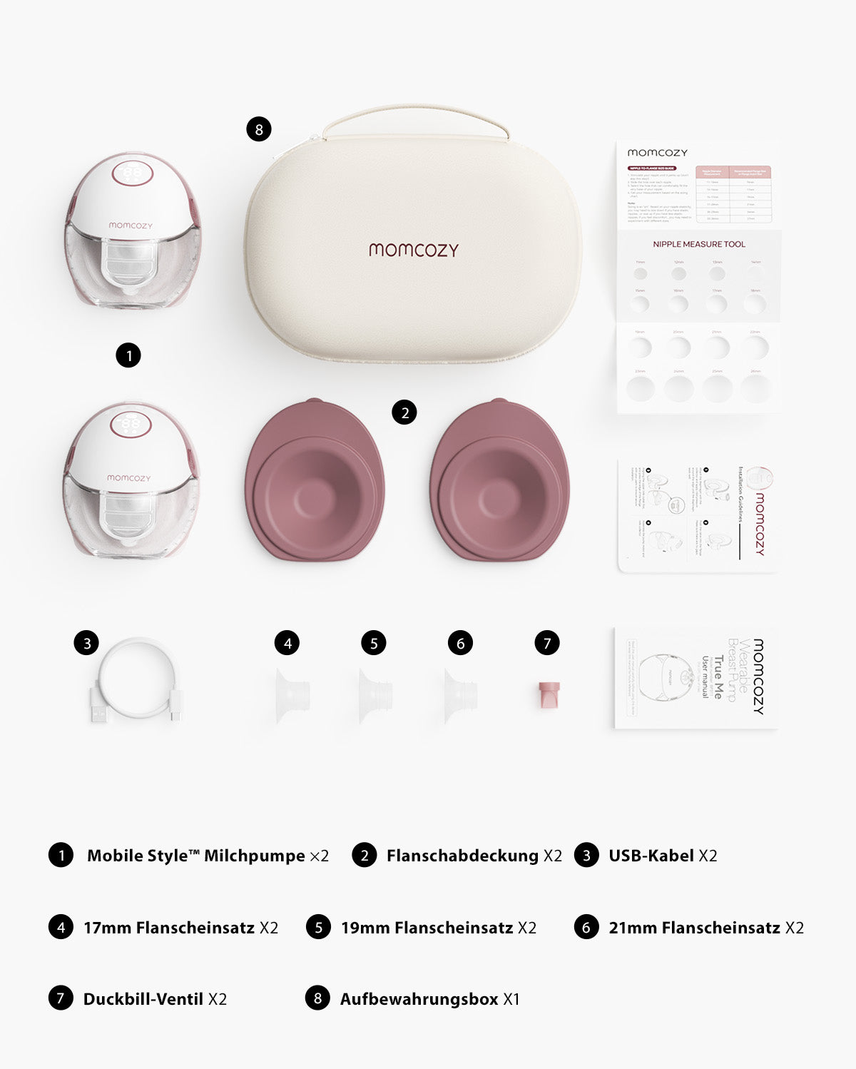 Momcozy M6 hands-free breast pump set including pumps, flanges, cables, and carrying case.