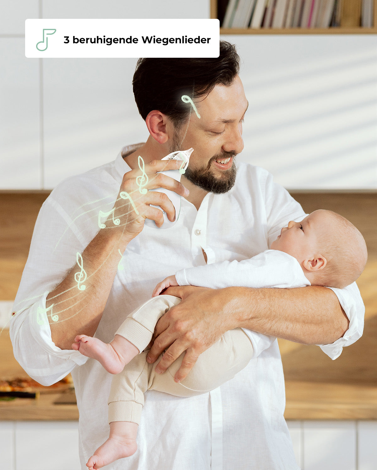 Dad using Momcozy Baby Nasal Aspirator on baby with soothing lullabies in bright kitchen.