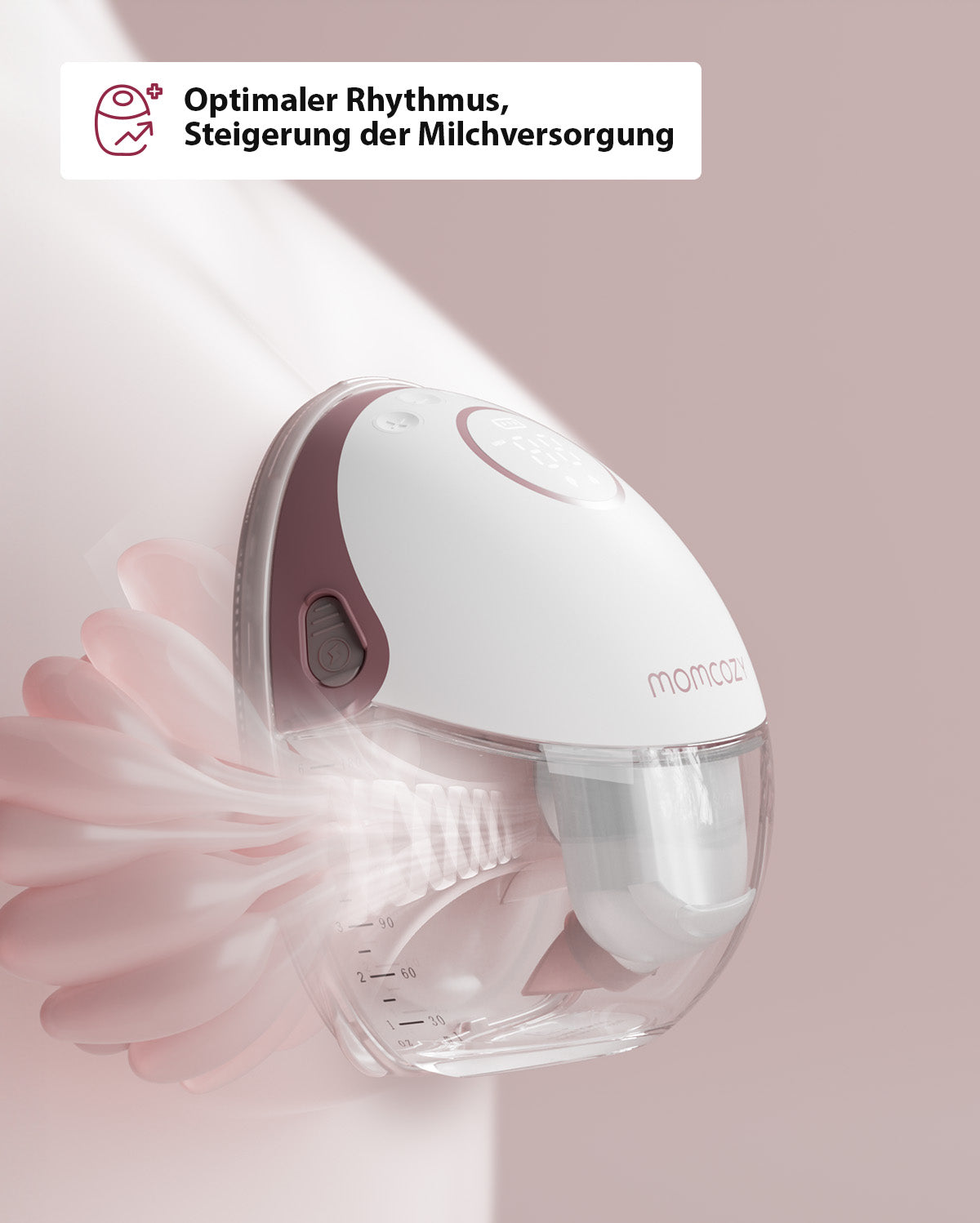 Momcozy M6 hands-free breast pump with optimal rhythm feature for increased milk supply.