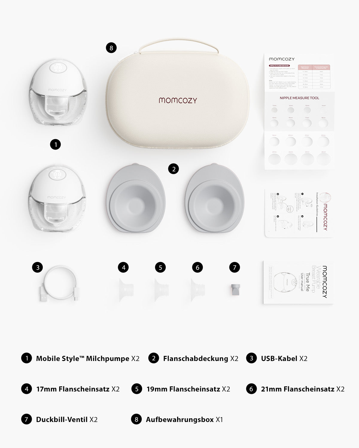 Momcozy M6 hands-free breast pump set including two pumps, USB cable, and storage case.