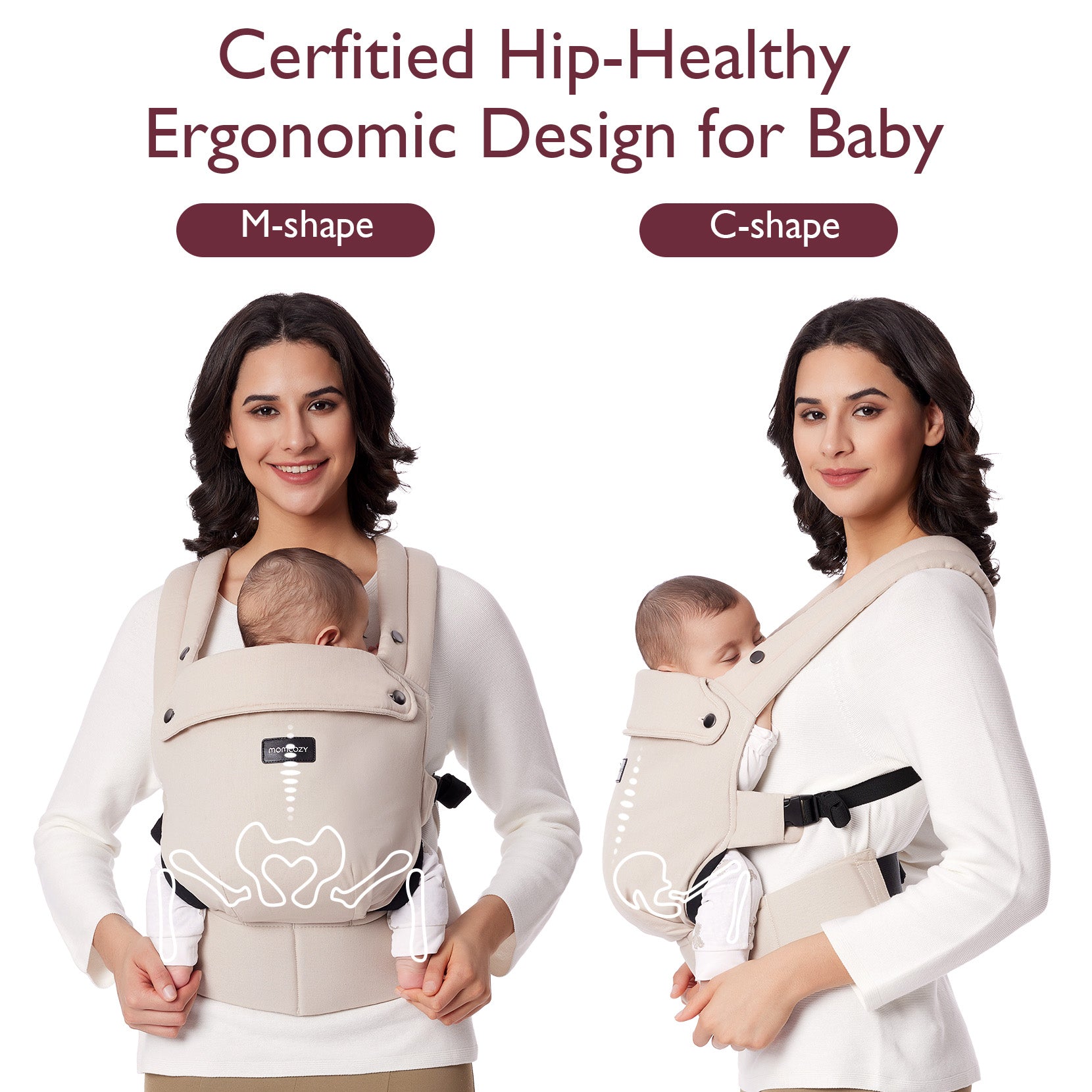 Certified hip-healthy ergonomic baby carrier design comparison: M-shape vs C-shape.