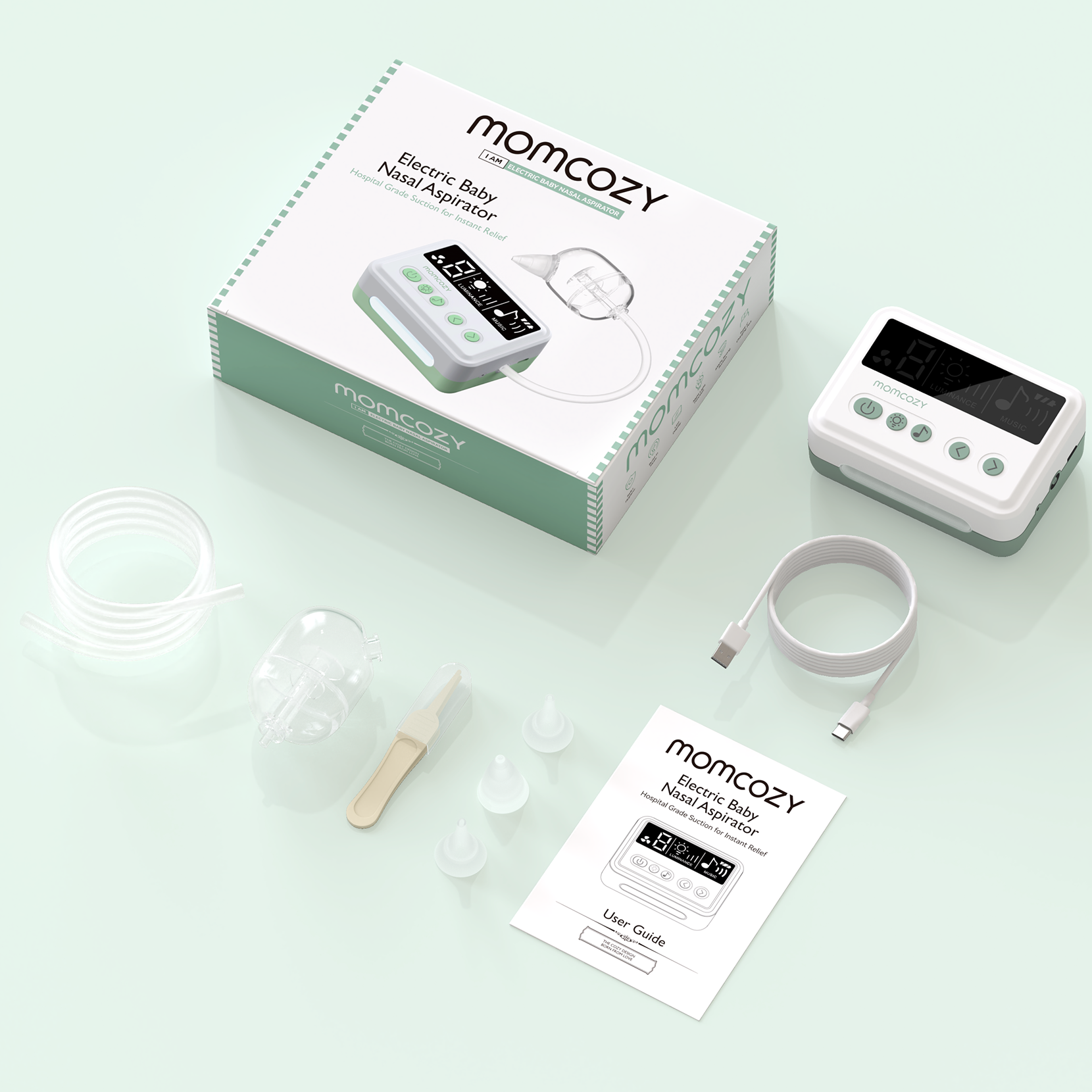 Momcozy electric Hospital Grade Nasal Aspirator
kit with accessories on a light green background.