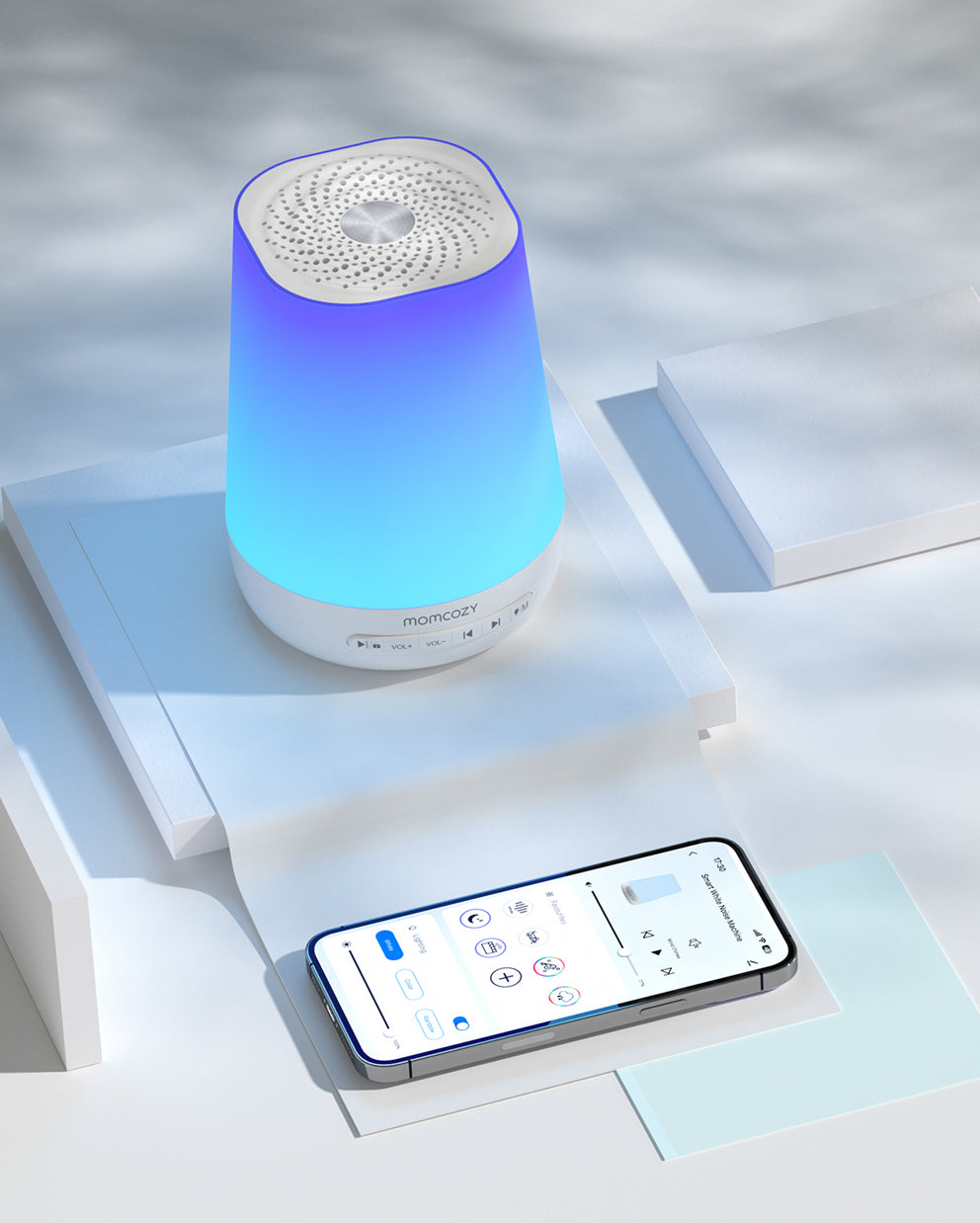 Smart baby sound machine with colorful app control and soothing gradient lights.