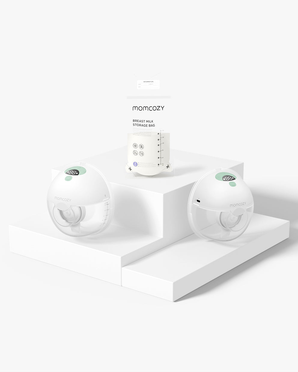 Momcozy M5 Wearable Breast Pump and milk storage bag on a pedestal, highlighting sleek design.