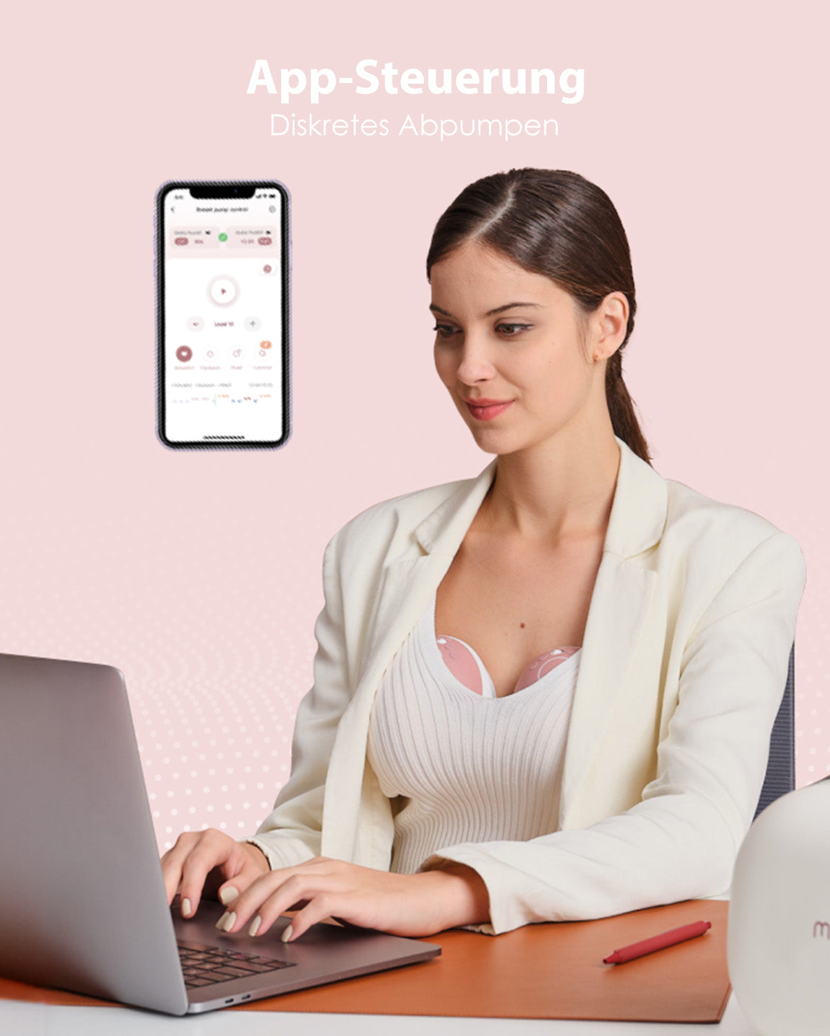 Momcozy Mobile Flow™ breast pump in use, app-controlled for discreet pumping while working, suitable for busy mothers.