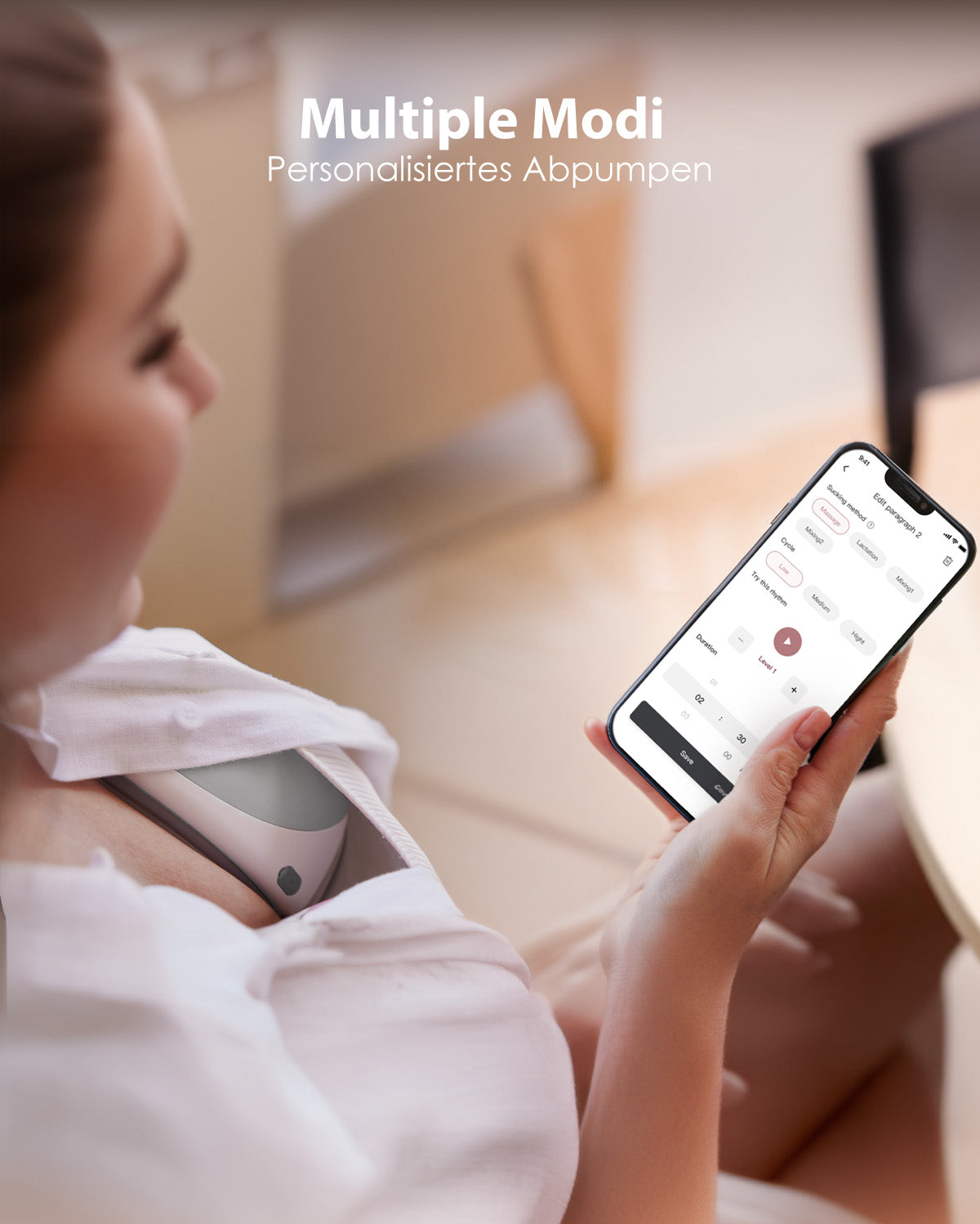 A women wearing Momcozy Mobile Flow™ electric hands-free breast pumps uses a smartphone app to control the pumps.