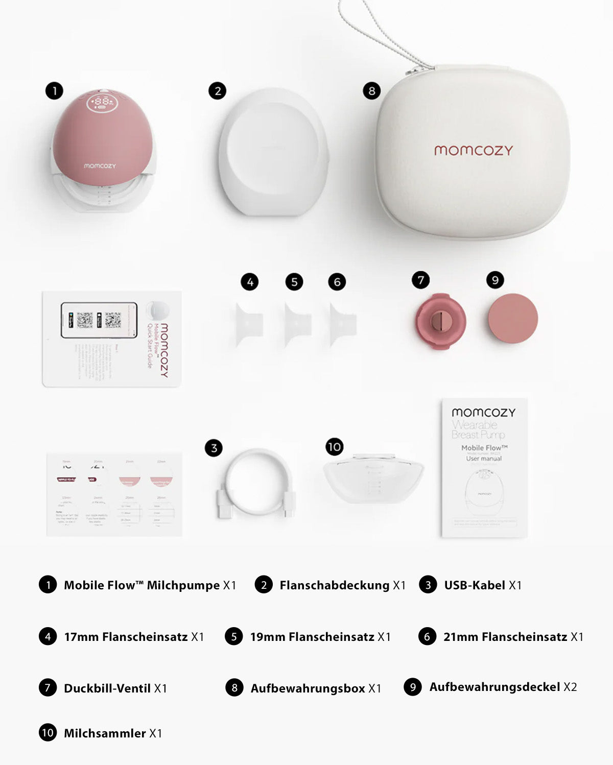 Momcozy Mobile Flow™ hands-free breast pump set includes the pump, flanges in different sizes, and a carrying case.