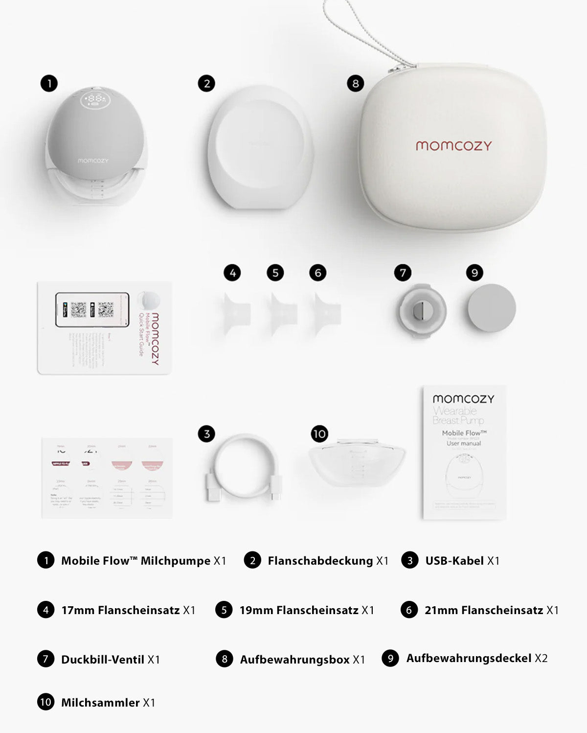 Momcozy Mobile Flow™ hands-free breast pump components including storage case and flange accessories.