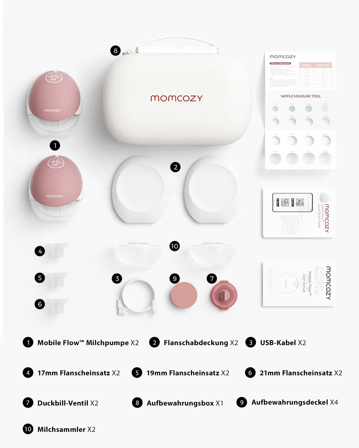 Momcozy Mobile Flow™ hands-free breast pump components laid out with case and accessories.