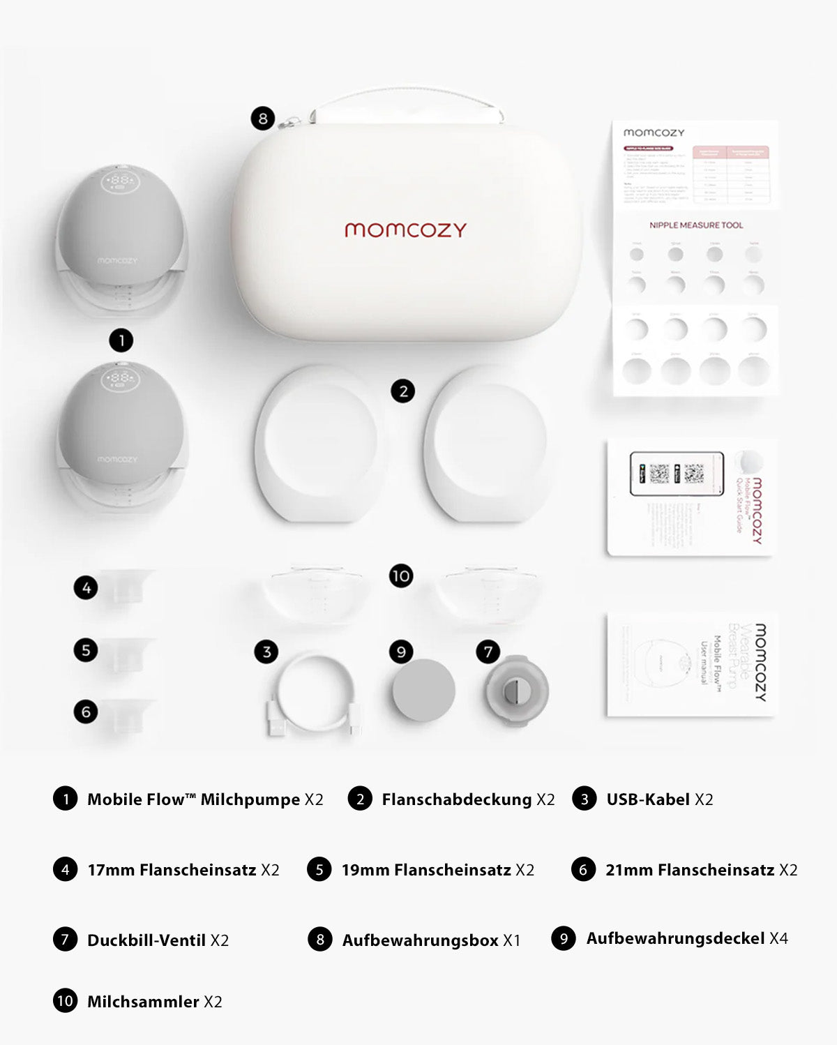 Momcozy Mobile Flow™ breast pump set with accessories, labeled components, and storage case.