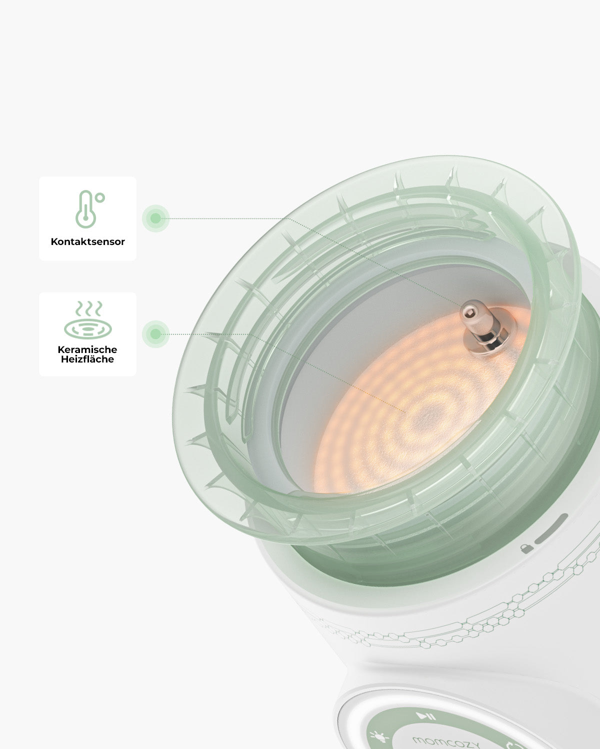Top view of portable baby bottle warmer showing ceramic heating surface and contact sensor.
