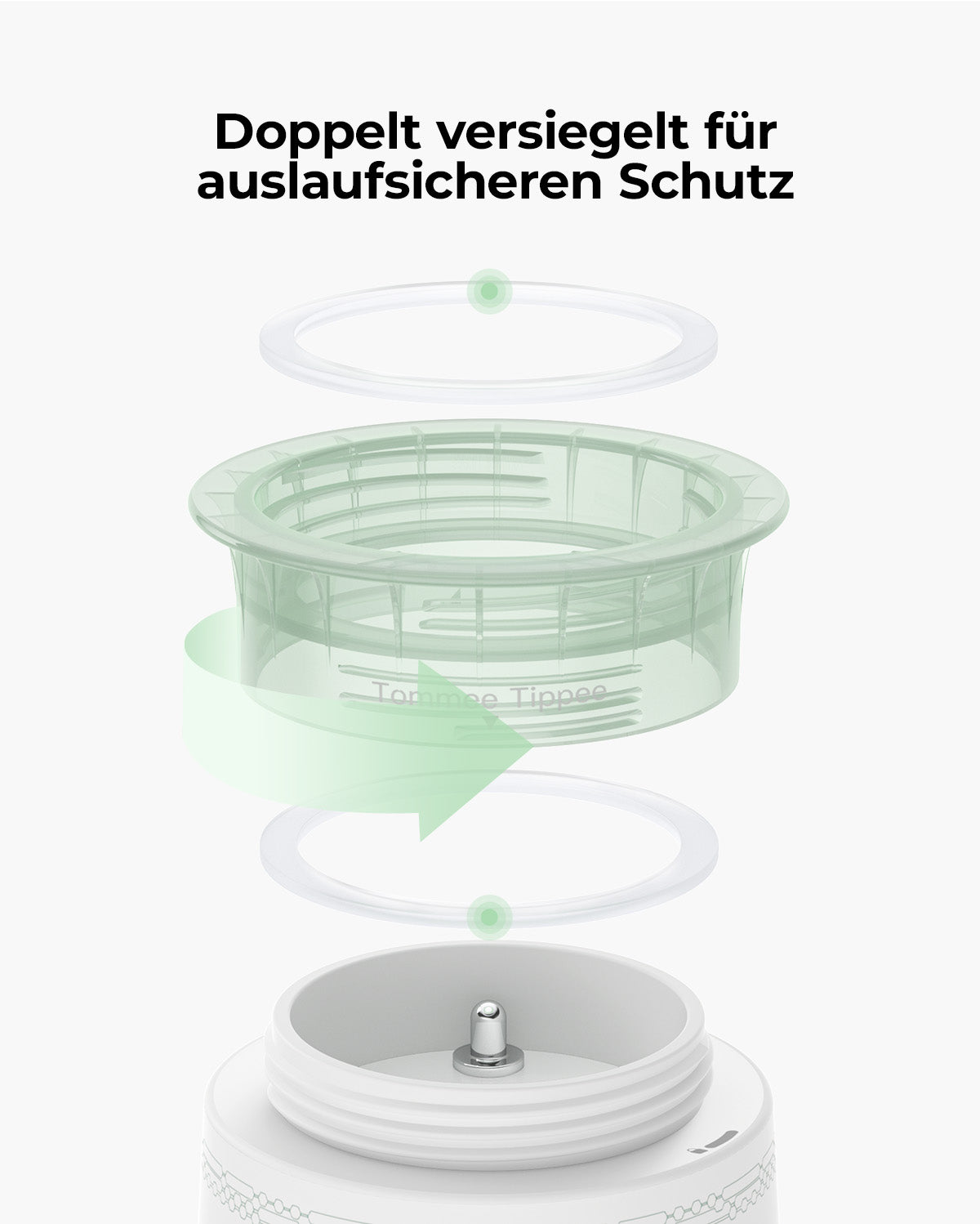 Diagram showing the double-sealed leak-proof design of the cordless portable baby bottle warmer.