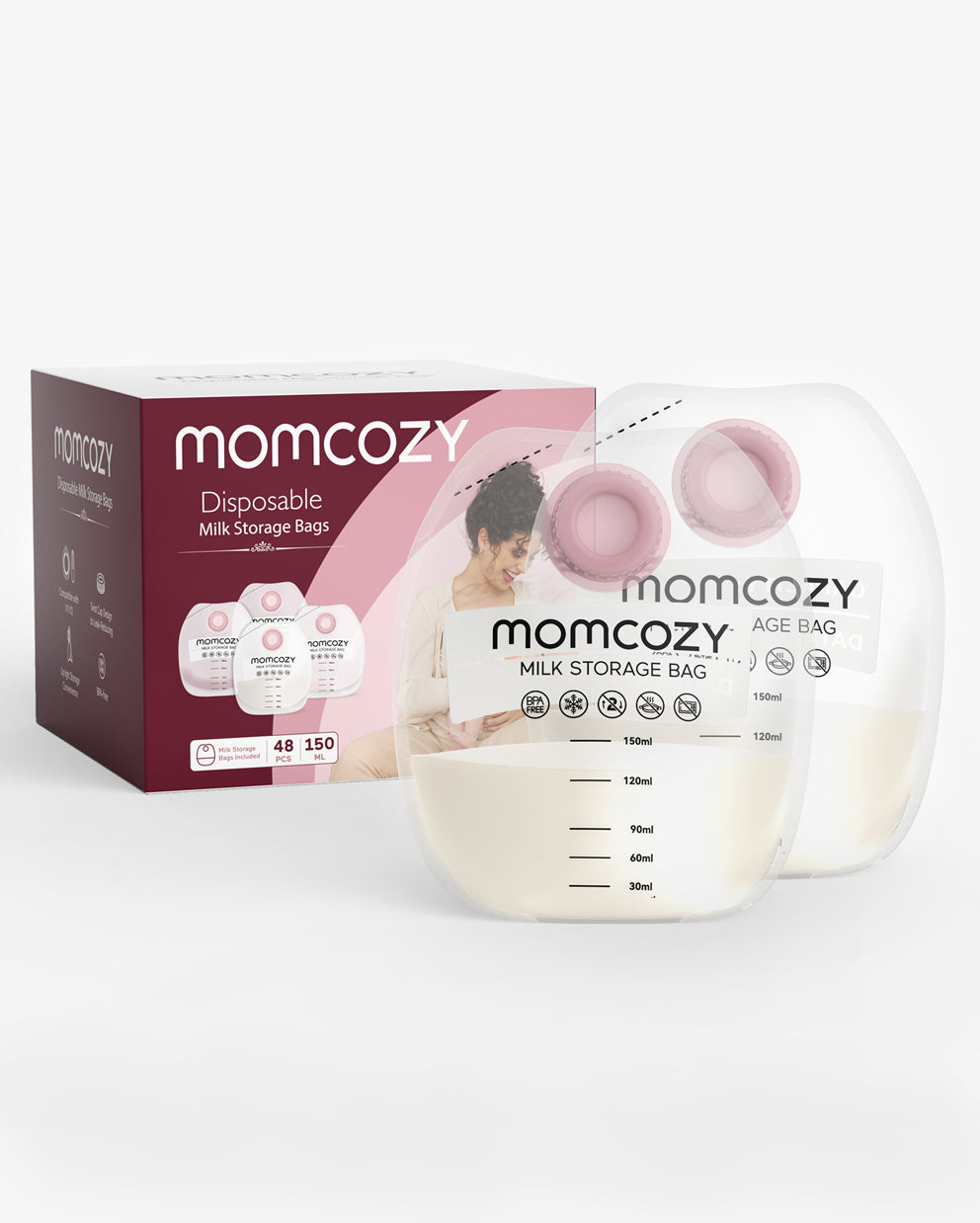 Momcozy disposable screw-on breast milk storage bags with measuring markings beside product box.
