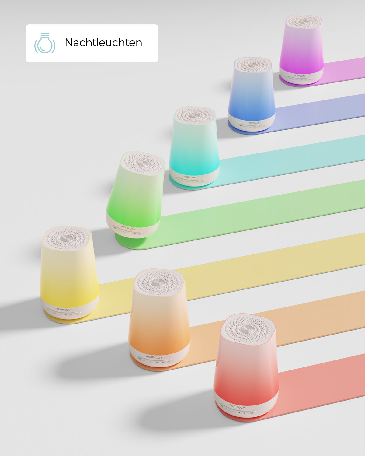 Colorful night lights for Baby Sound Machine, featuring soothing pastel gradients.